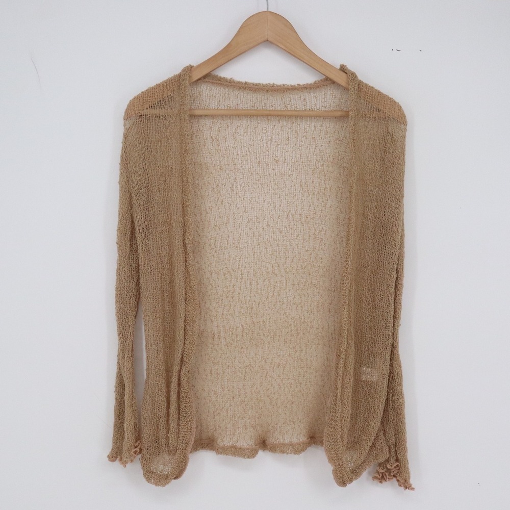 Back from Bali Cardigan Womens OS Free Open Knit Tan Mesh Lettuce Trim Excellent